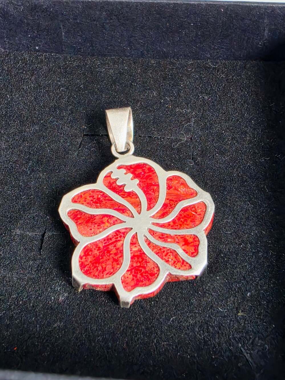 925 Sterling Silver Red Sponge Coral Hibiscus Flower Pendant